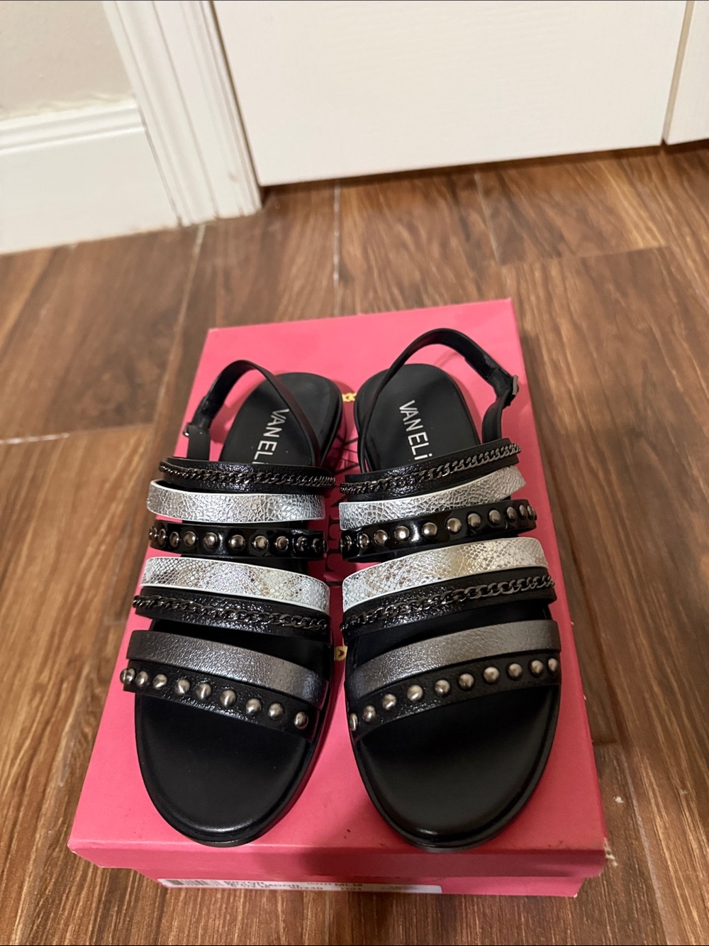 Vaneli Black and Silver Studded Slingback Sandals